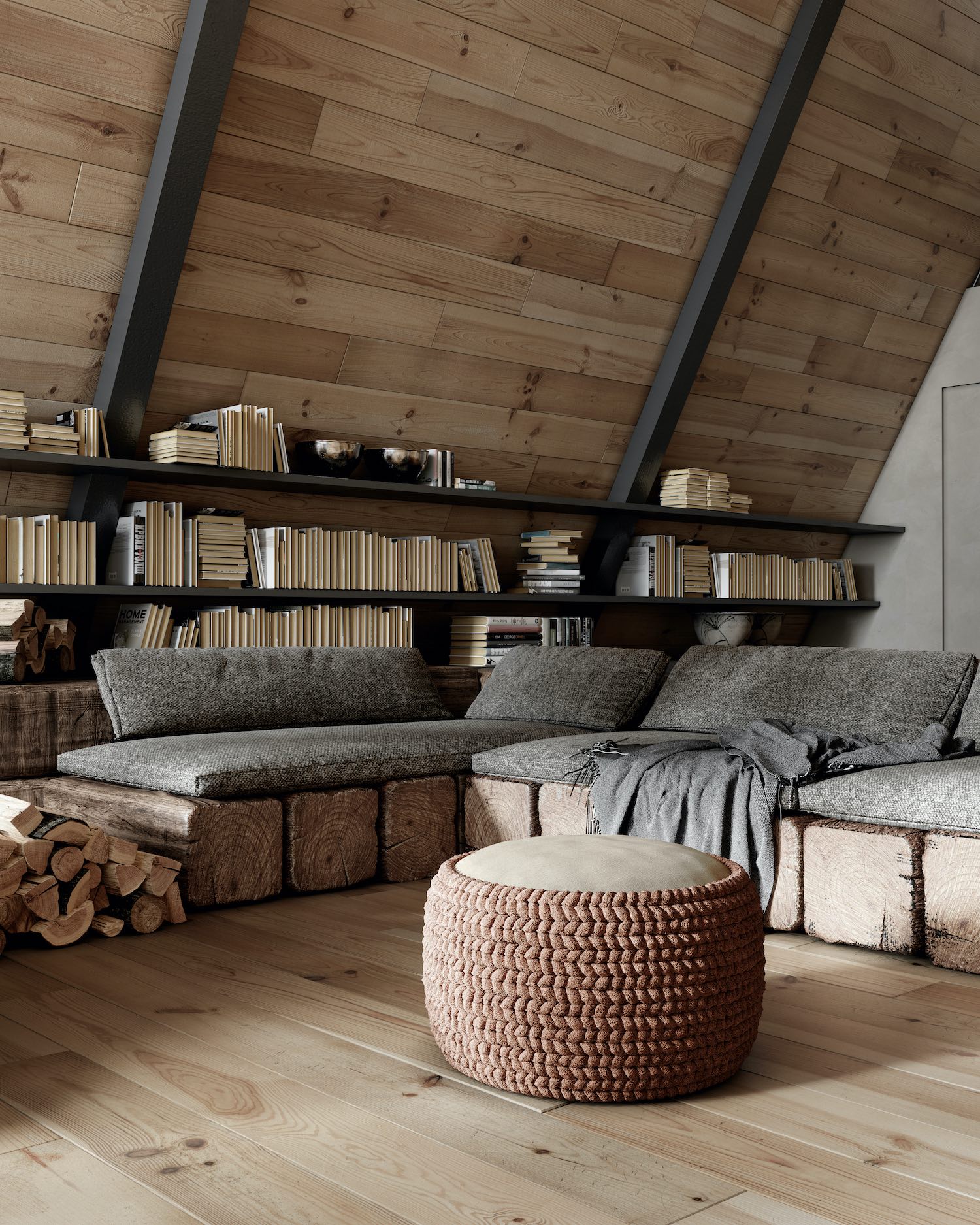 cabin house with wooden sofa and table
